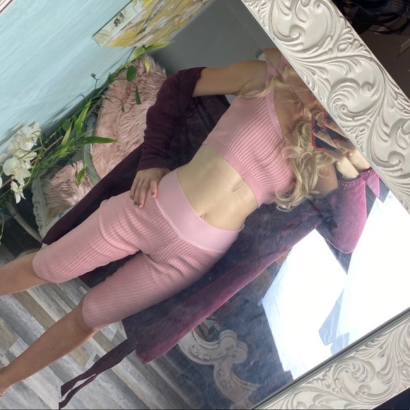 Co-ord set pink rose rib crop top & long shorts brand NWT ribbed stretch pink - Picture 2 of 12